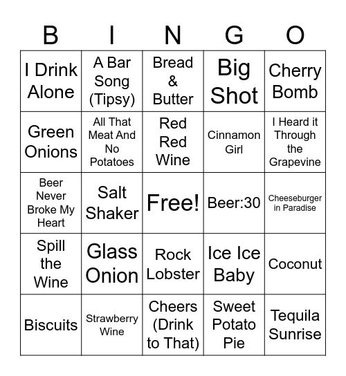Food Beer & Bar Bingo Card