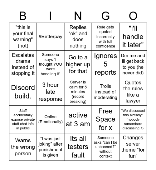 Admin Bingo Card