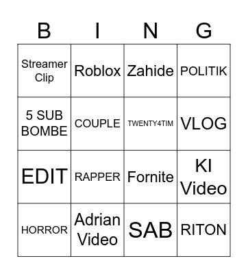 TIKTOK BINGO Card