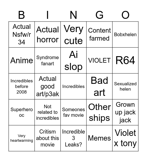 INCREDIBLES 1/2 Bingo Card