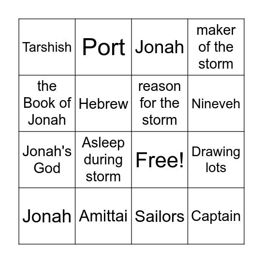 Jonah Bingo Card
