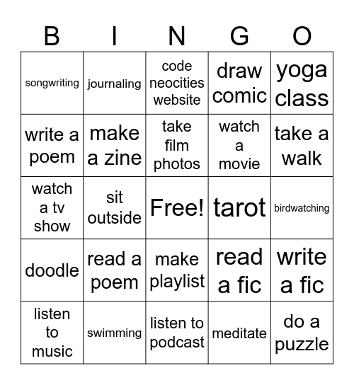 Hobby Bingo Card
