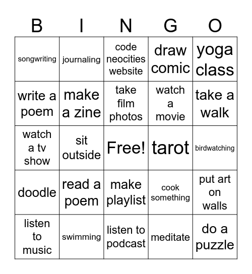 Hobby Bingo Card