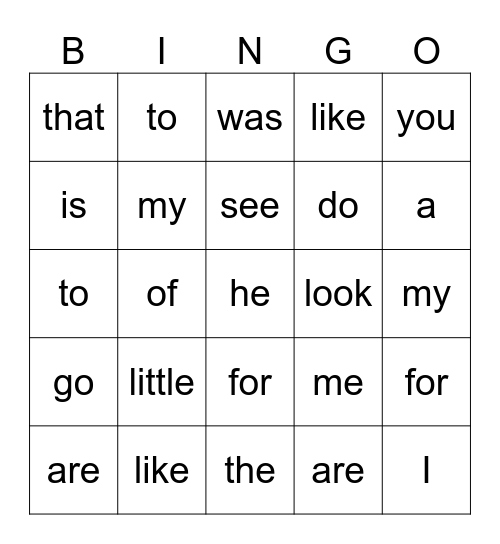Sight Word Bingo Card