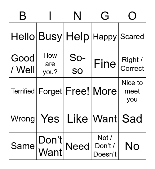 Conversational Signs Bingo Card