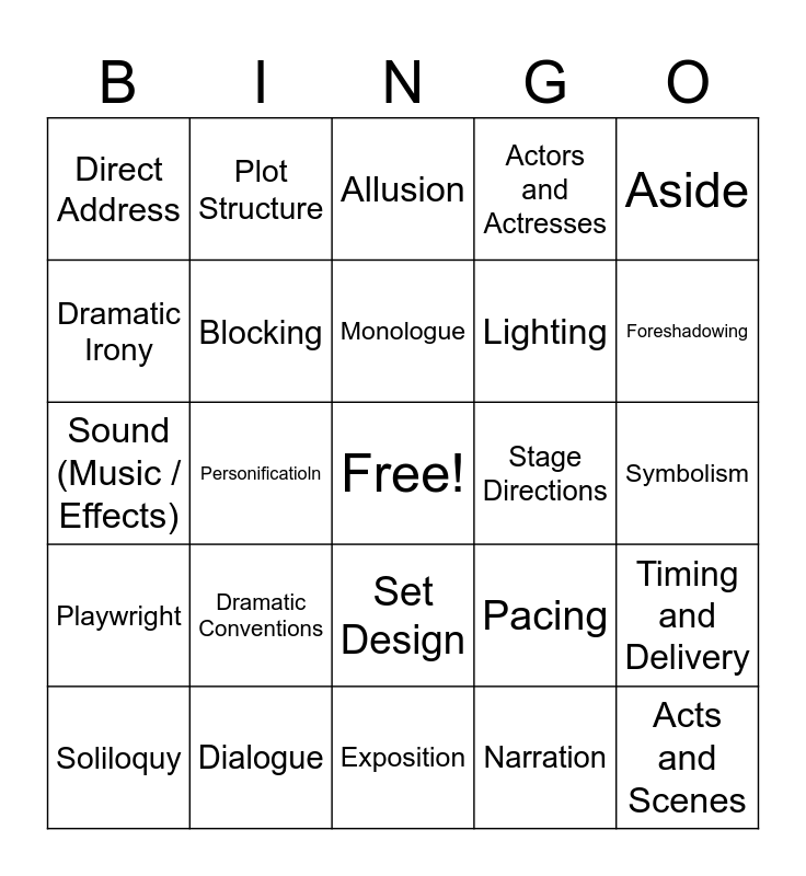 Dramatic Conventions Bingo Card