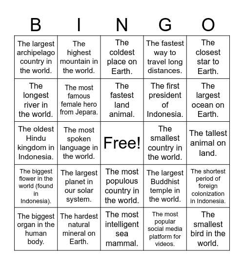 The Trivia BINGO Run! Bingo Card