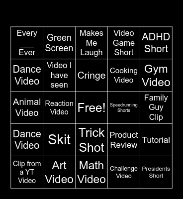 YT Shorts Bingo Card
