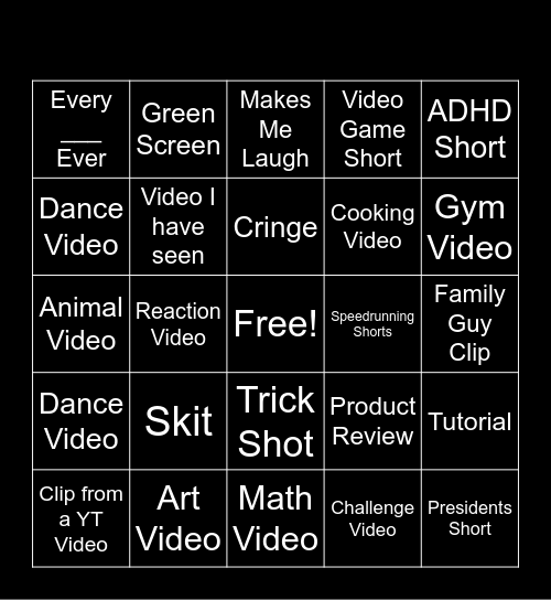 YT Shorts Bingo Card