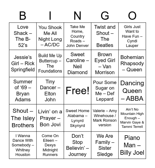 Sing-It-LOUD Bangers Bingo Card