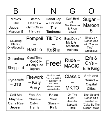 Feel-Good Pop & Dance Hits Bingo Card