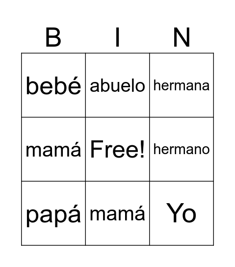 L a familia  Bingo Card