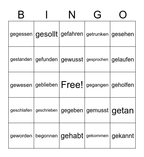 Starke Verben Partizip Bingo Card