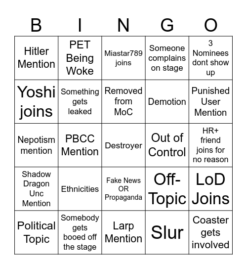 PBST Medals Debate Bingo Card