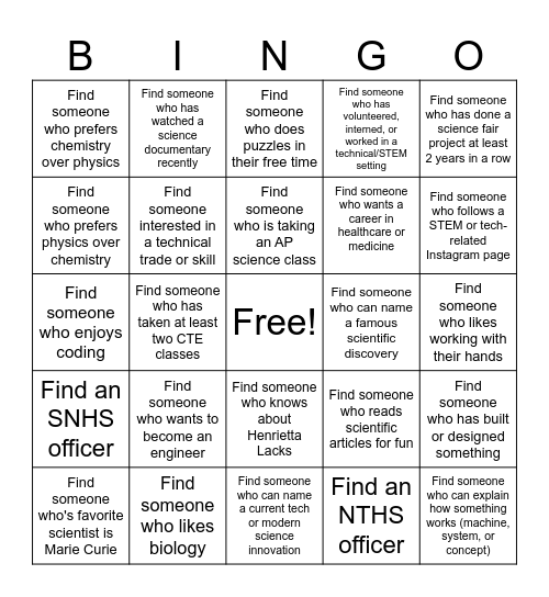 SNHS + NTHS Bingo!! Bingo Card