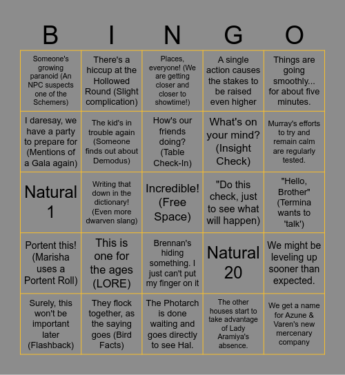 Critical Role- Campaign 4 Episode 24 Bingo Card