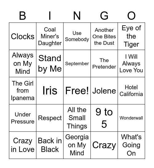 Allstars Musical Bingo Card