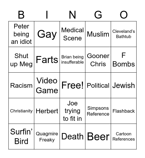 Family Guy Bingo Card