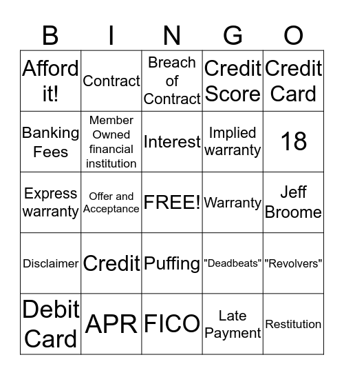 Consumer Law Bingo Card