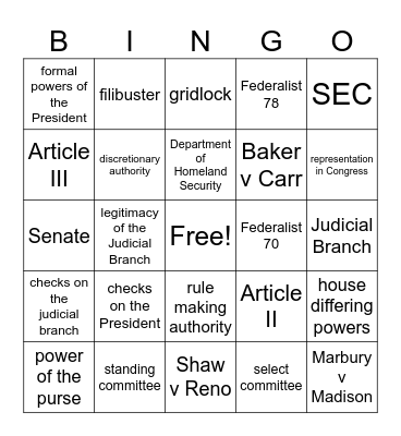 AP Gov Unit 2 Review Bingo Card