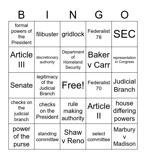 AP Gov Unit 2 Review Bingo Card