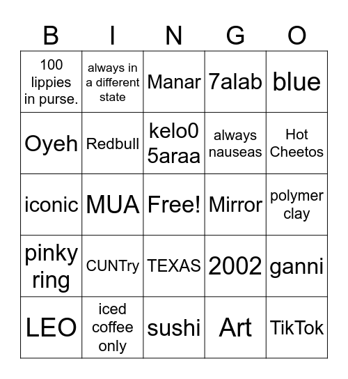 Ayahs Bridal Bingo Card