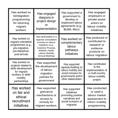 LABOUR MOBILITY BINGO CARD Bingo Card