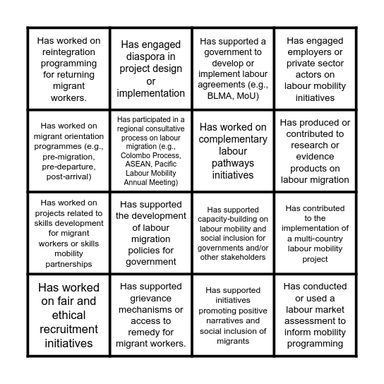 LABOUR MOBILITY BINGO CARD Bingo Card