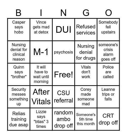 Overnight Bingo Card