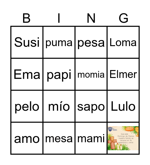 Palabras con M, P, L y S Bingo Card