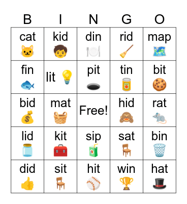 Short A Short I Bingo Card