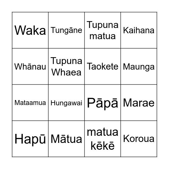 Whanau Kupu Bingo Card