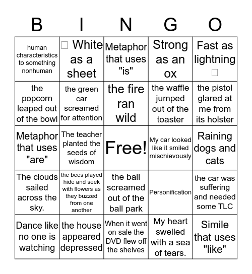 Figurative Language Bingo Card