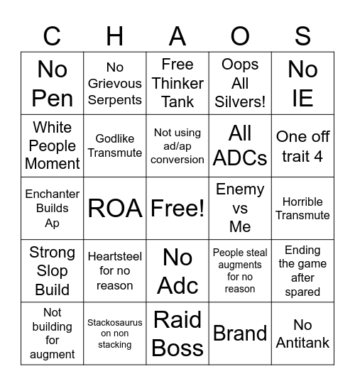 Mayhem Bingo Card