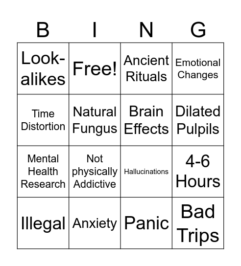 Psilocybin Mushrooms Bingo Card