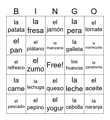 La comida Bingo Card