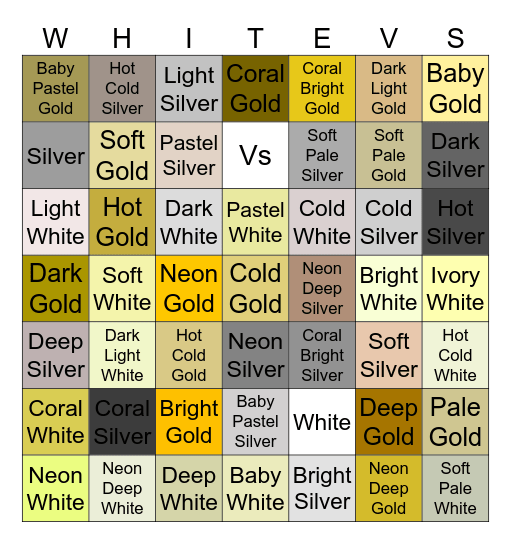 Gold 🥇💛⭐️🌟👑🏆🏅🔑⚜️🔱⚱️🤴🏻🫅🏼🥧🌁🌉 vs silver 🥈💍🪙📎🩶🖇️📏🛸📐🗑️🧑🏼‍🦳👩🏼‍🦳👨🏼‍🦳🧭🥄🍴Vs White 🤍⚪️⬜️◻️▫️🔳◽️🎂🐶🐼🦷🐑🦙🦓🐧🐇🐓🐈🐹🐁🎬🍄🥤❔👩🏼‍💼🥥🦴💮🏳️🦯🛡️❕🦈🦨🌐💟🚑🐩🧑🏼‍🦳👩🏼‍🦳👨🏼‍🦳🐻‍❄️🧑🏼‍🦯👩🏼‍🦯👨🏼‍🦯🐏👨🏼‍🦯‍➡️👩🏼‍🦯‍➡️🦢🧑🏼‍🦯‍➡️🥡🏳️‍⚧️⛑️🥼🕊️ Bingo Card