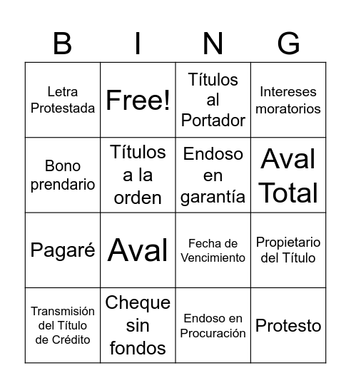 Títulos de Crédito Bingo Card
