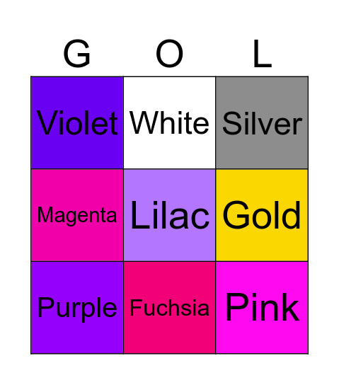 Gold 🥇 vs silver🥈 .vs Violet 🍆 vs purple 💜vs white 🤍vs lilac 🦄vs pink 🩷 magenta 💗vs fuchsia 🌺  * Bingo Card