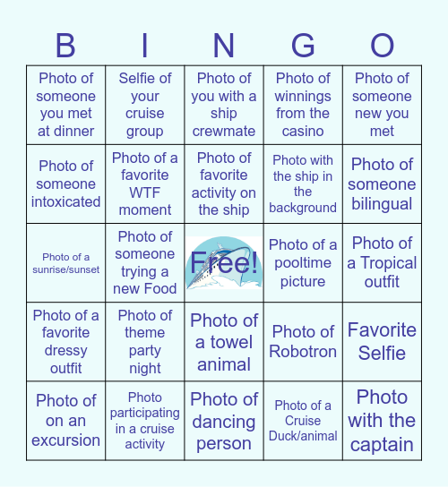 Cruise Photo Bingo Card