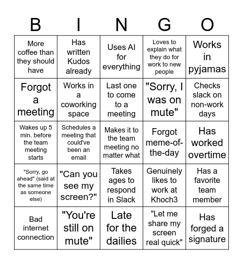 Remote team Bingo Card