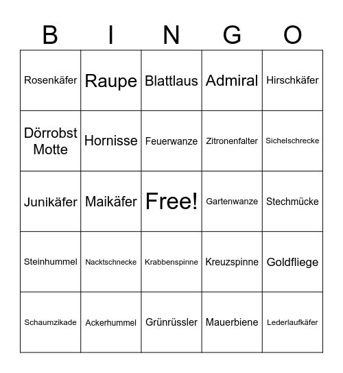 Insekten Bingo Card