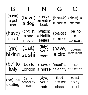 Never Have I Ever Bingo Card