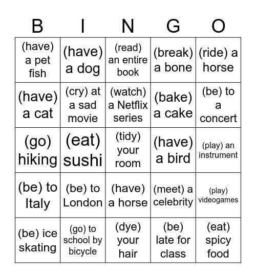 Never Have I Ever Bingo Card