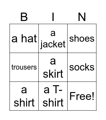Clothes Bingo Card