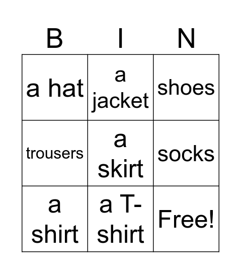 Clothes Bingo Card
