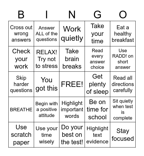 Test Taking Strategies Bingo Card
