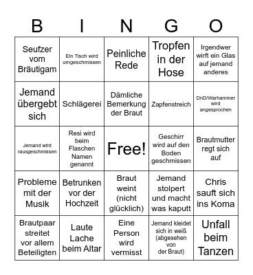 Chris Wedding Bingo Card
