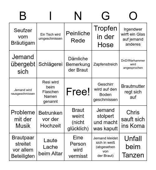 Chris Wedding Bingo Card