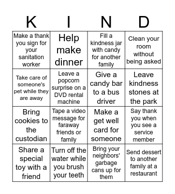 Acts of Kindness Bingo Card